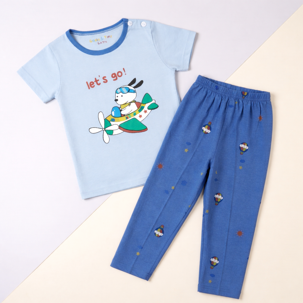 Let’s Go Airplane Baby Co-ord Set – Soft Cotton Half Sleeve T-shirt & Pajama Set (Blue)