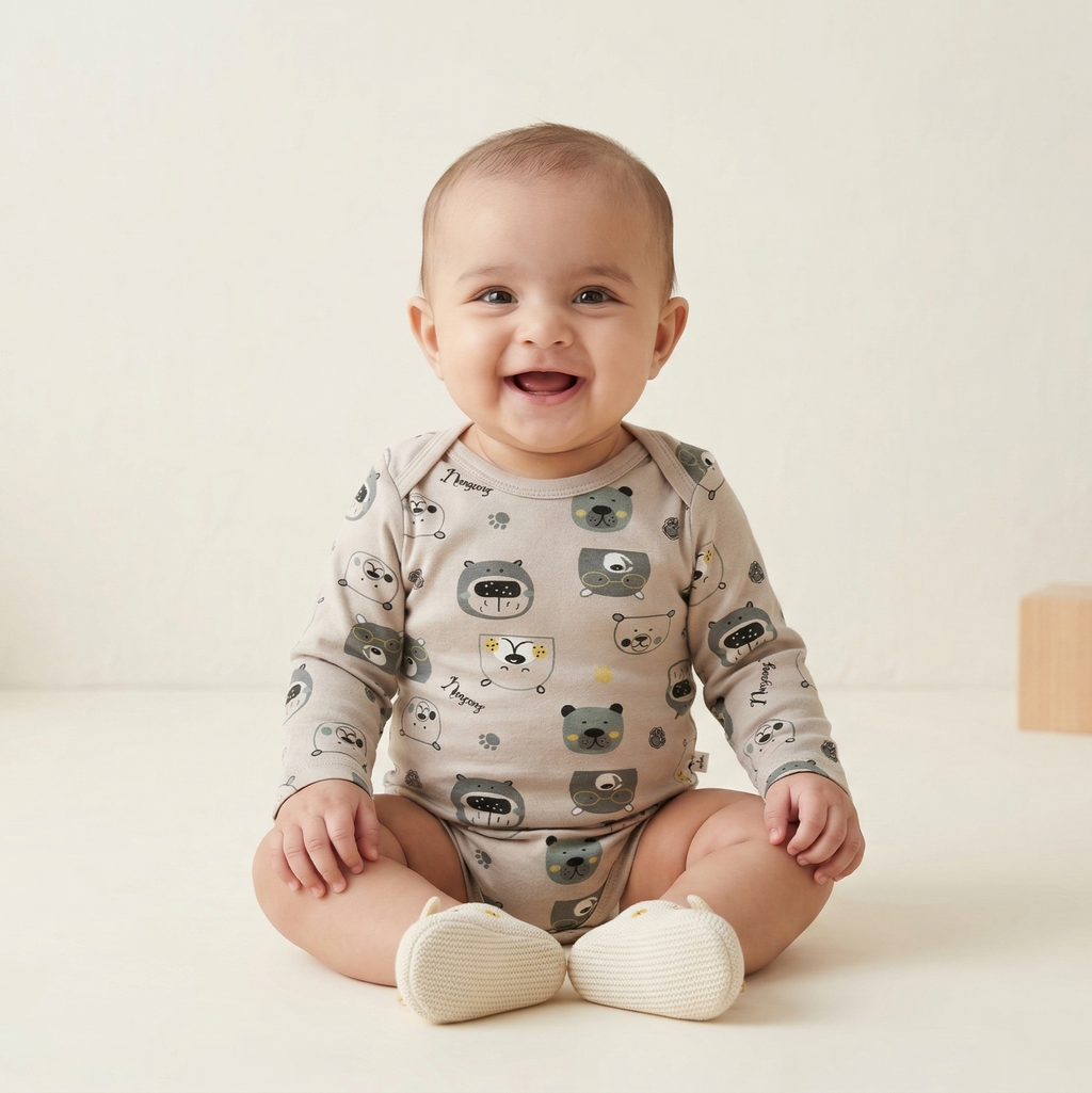 Bear Print Baby Onesie – Soft Cotton Full Sleeve Bodysuit (Grey)