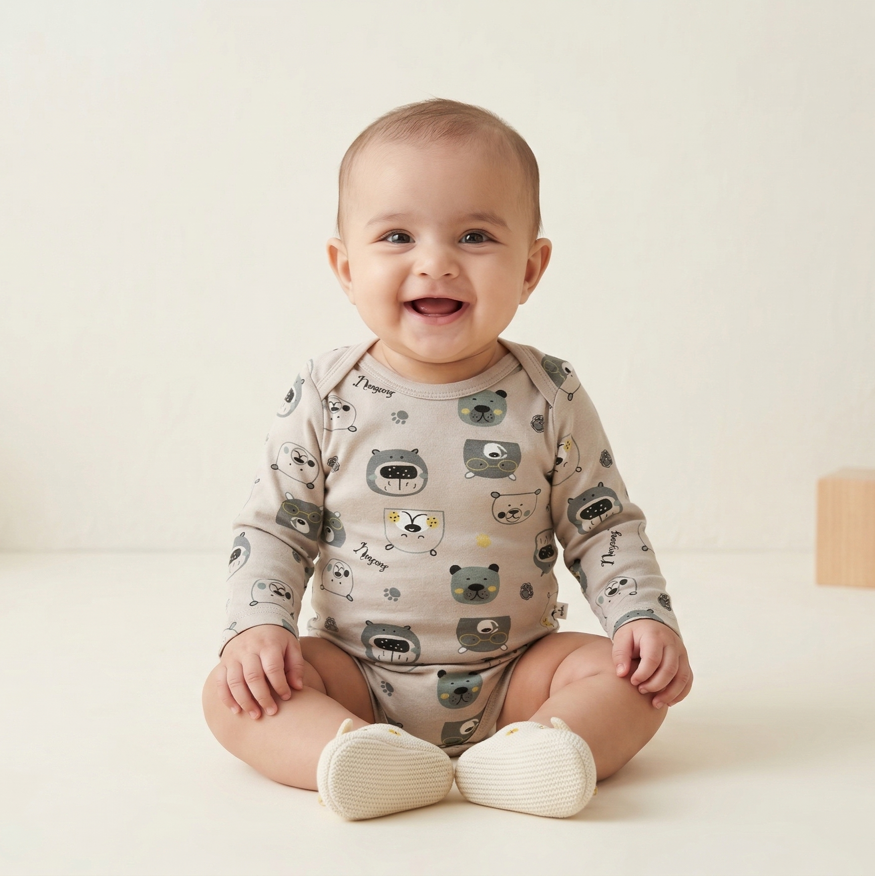 Bear Print Baby Onesie – Soft Cotton Full Sleeve Bodysuit (Grey)