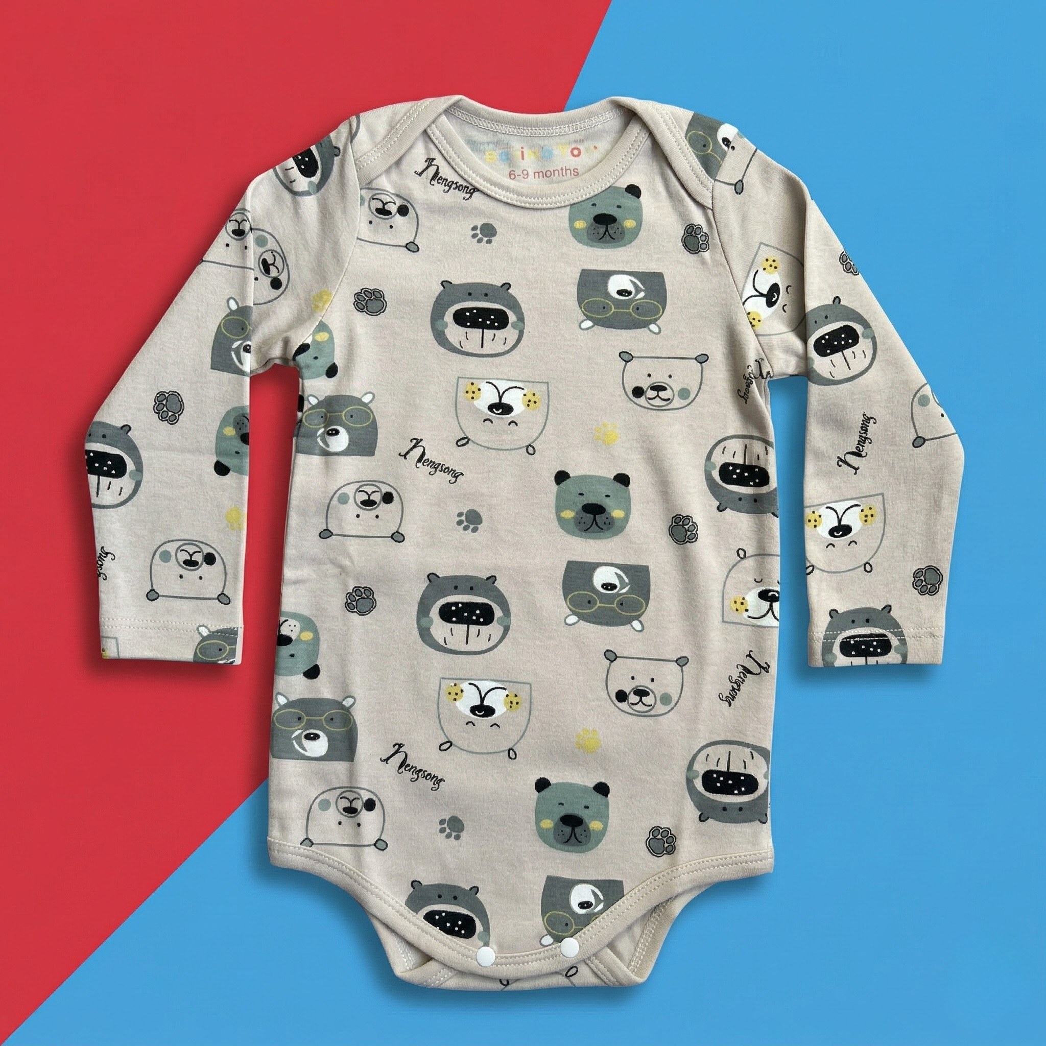 Bear Print Baby Onesie – Soft Cotton Full Sleeve Bodysuit (Grey)