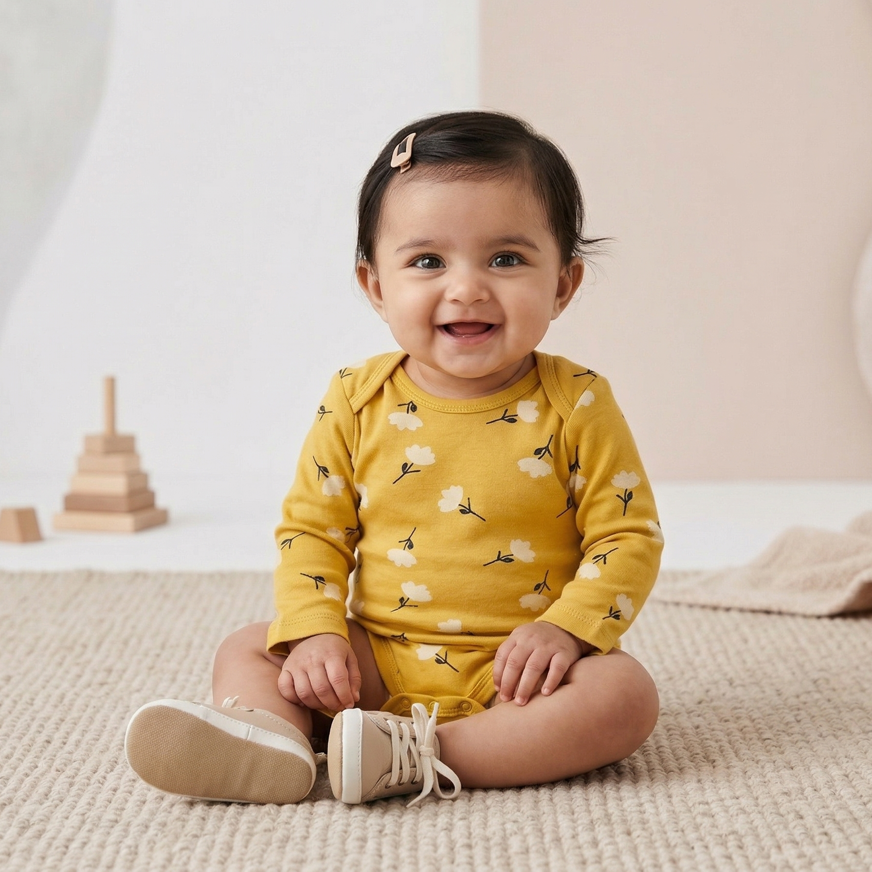 Floral Print Baby Onesie – Soft Cotton Full Sleeve Bodysuit (Yellow)