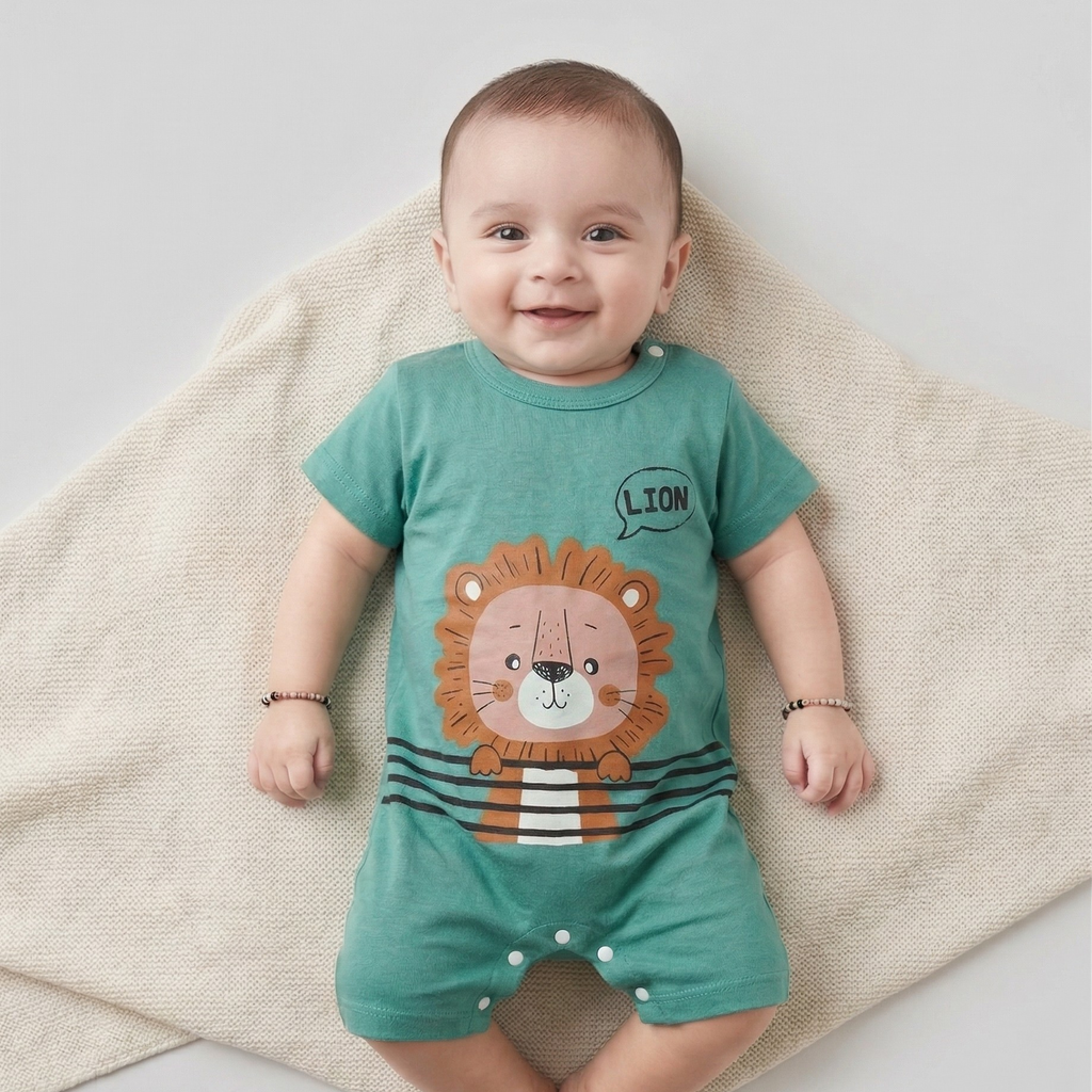 Baby wearing a green lion-themed onesie on a light background
