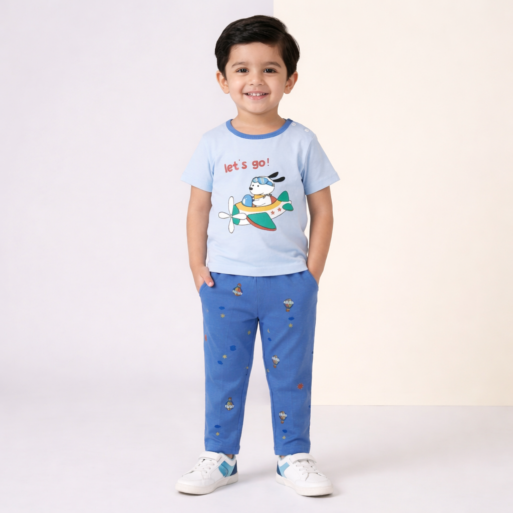 Let’s Go Airplane Baby Co-ord Set – Soft Cotton Half Sleeve T-shirt & Pajama Set (Blue)