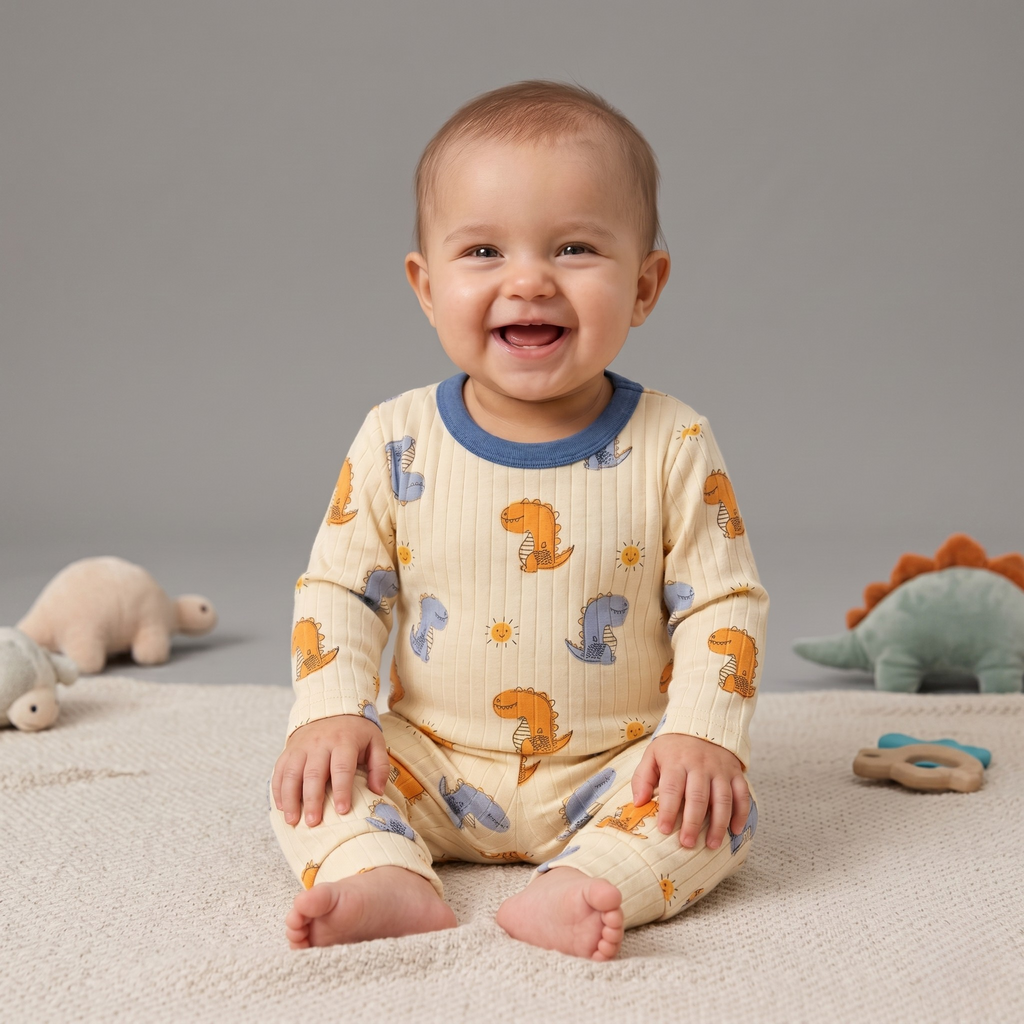 Dinosaur Print Baby Co-ord Set – Soft Cotton Full Sleeve T-shirt & Pajama Set (Cream & Blue)