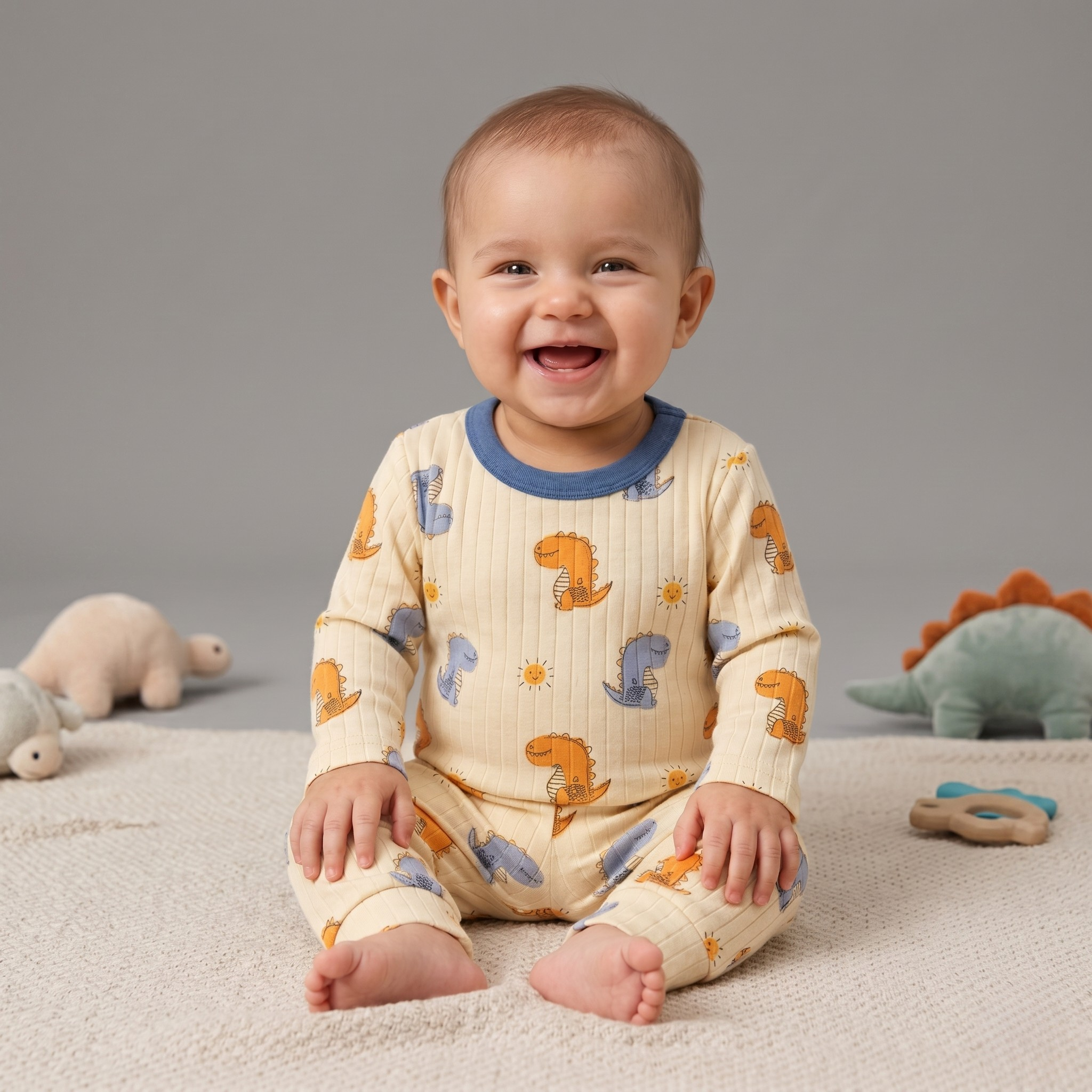 Dinosaur Print Baby Co-ord Set – Soft Cotton Full Sleeve T-shirt & Pajama Set (Cream & Blue)