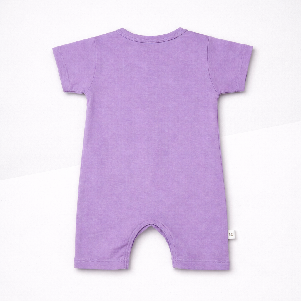 Cat Print Baby Romper – Soft Cotton Short Sleeve Jumpsuit (Meow Design, Purple)