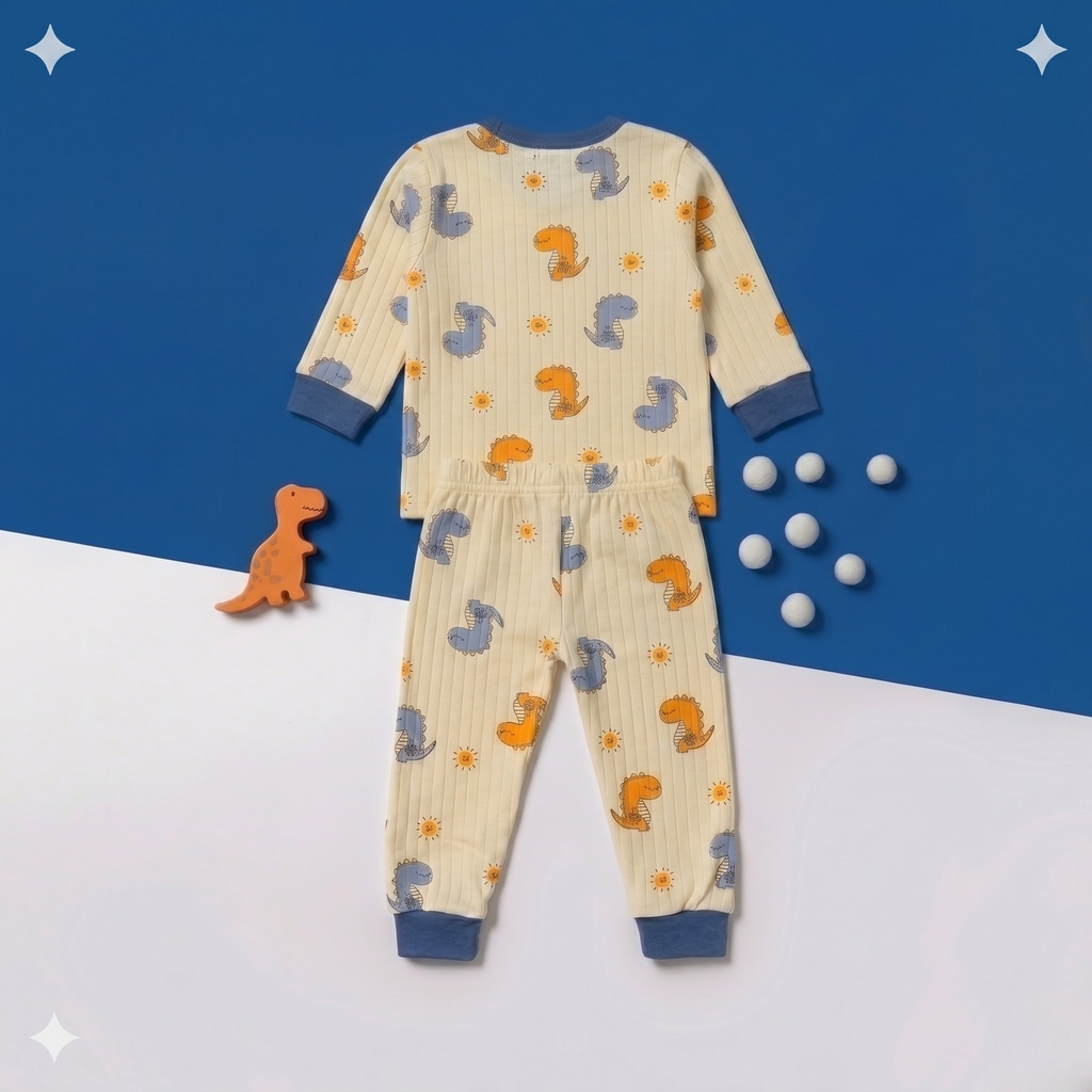 Dinosaur Print Baby Co-ord Set – Soft Cotton Full Sleeve T-shirt & Pajama Set (Cream & Blue)