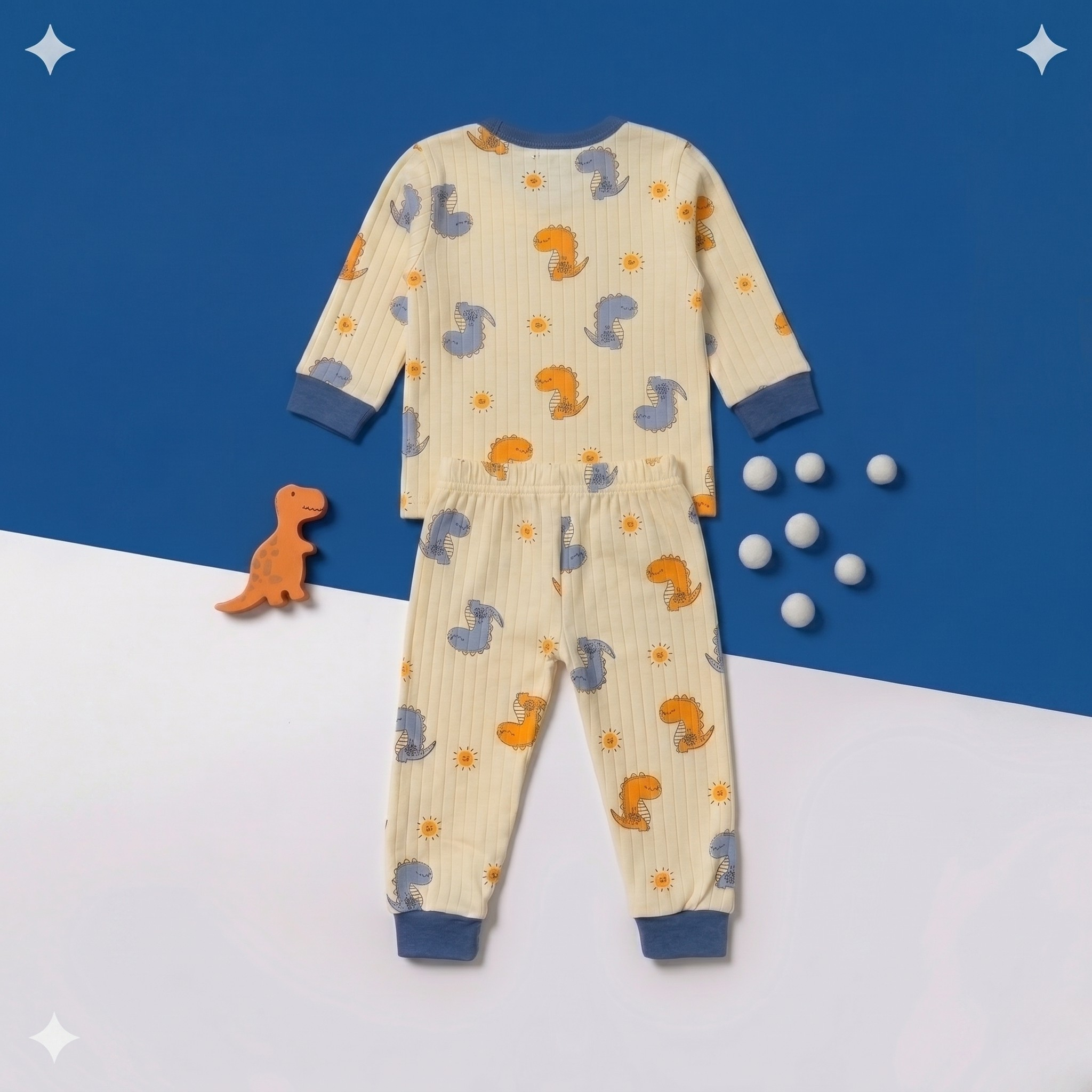 Dinosaur Print Baby Co-ord Set – Soft Cotton Full Sleeve T-shirt & Pajama Set (Cream & Blue)