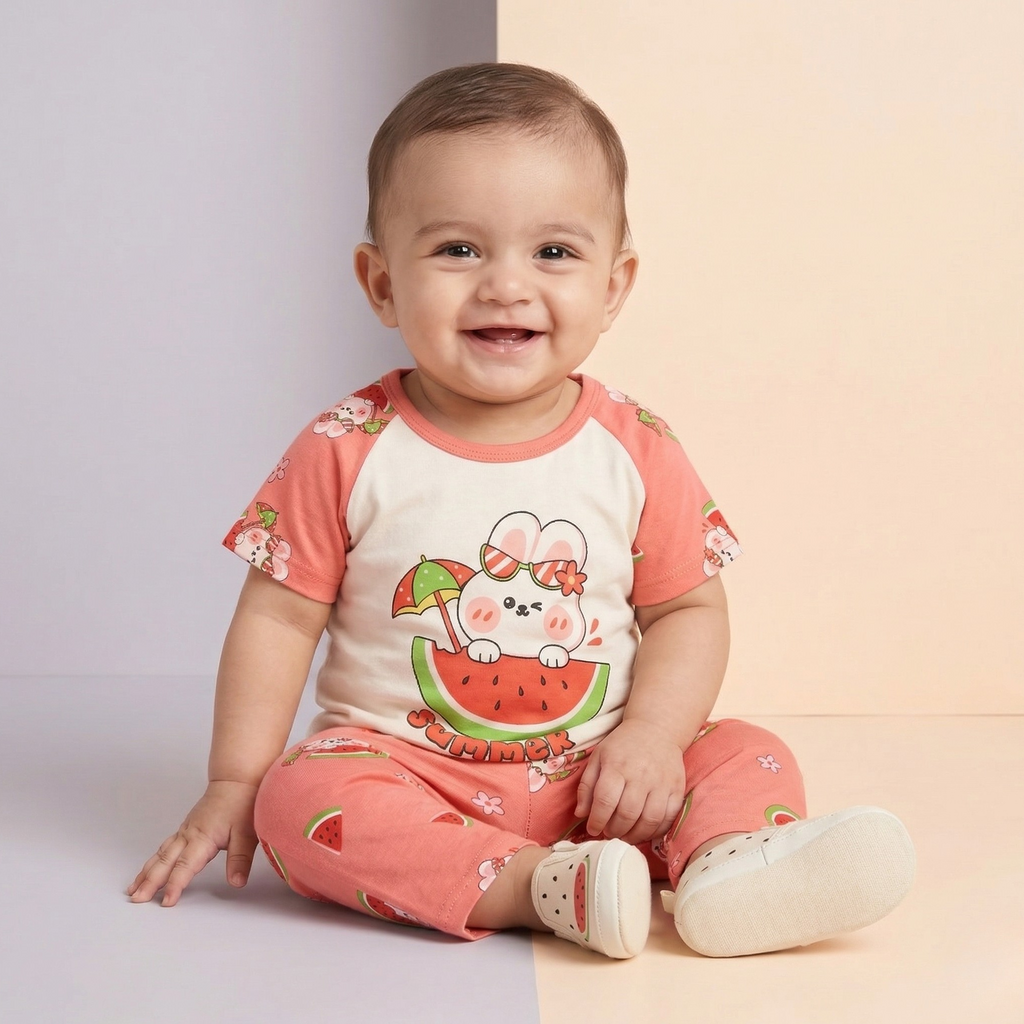 Baby wearing a colorful outfit with a watermelon design on a two-tone background