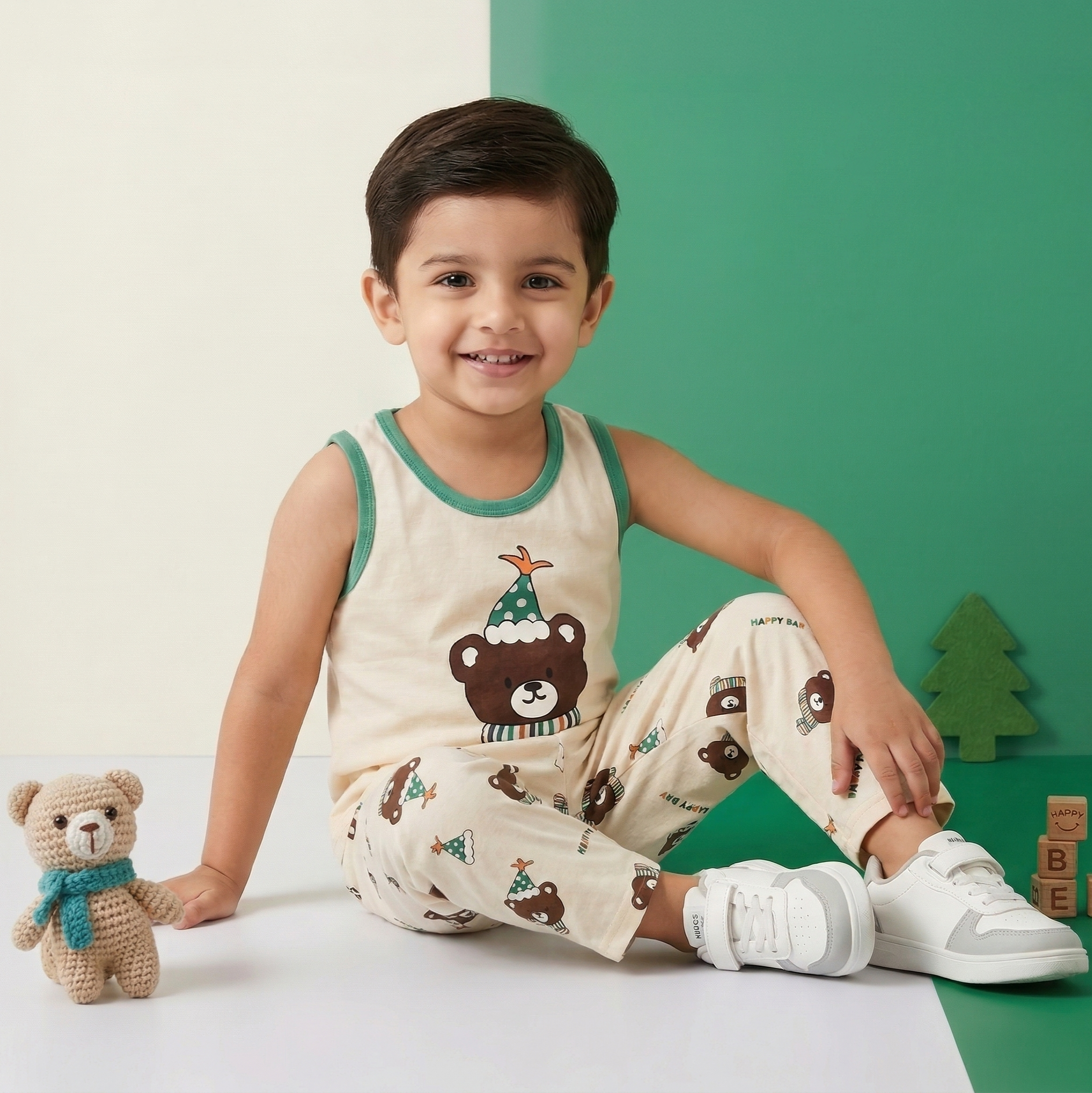 Happy Day Bear Baby Co-ord Set – Soft Cotton Sleeveless Top & Pajama Set