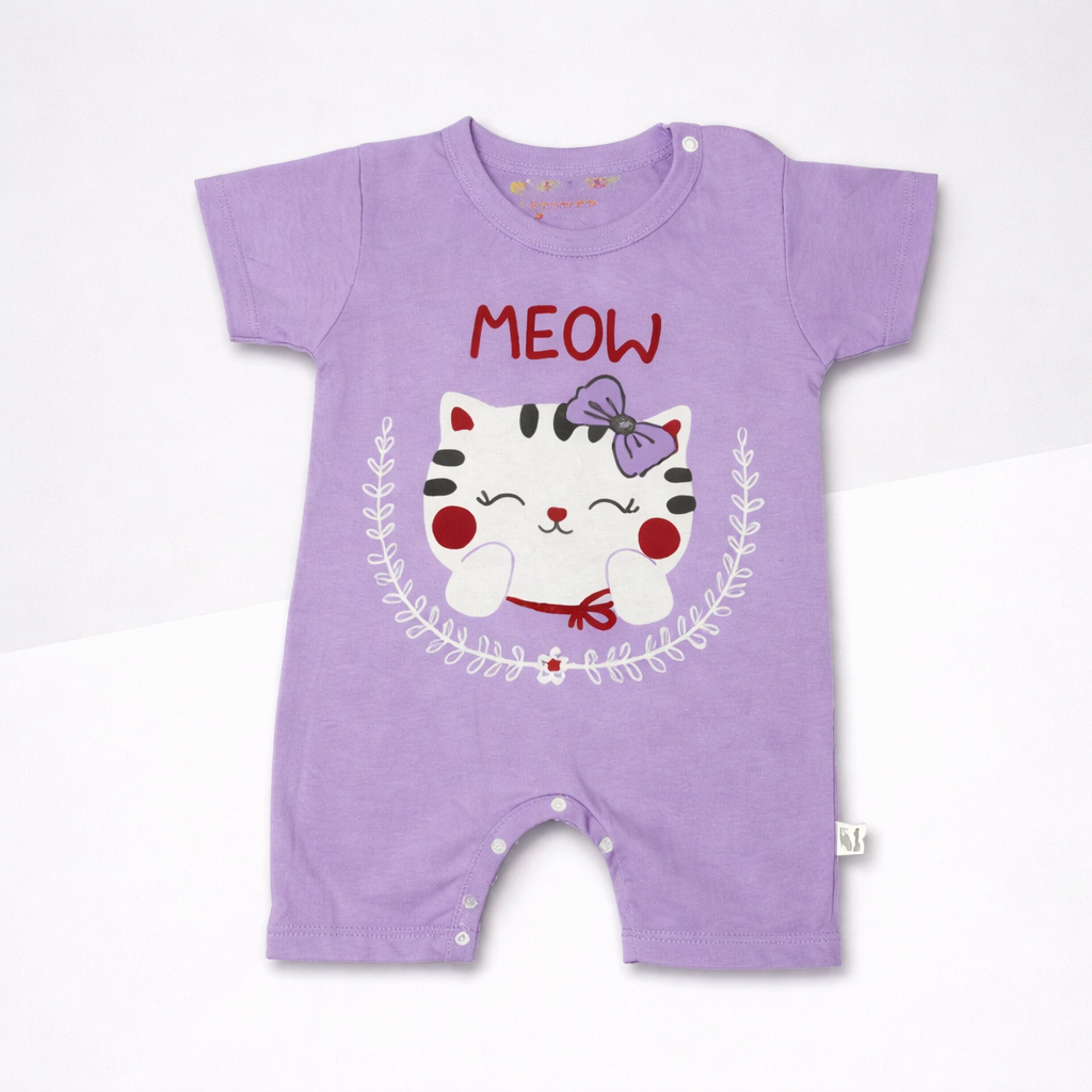 Cat Print Baby Romper – Soft Cotton Short Sleeve Jumpsuit (Meow Design, Purple)