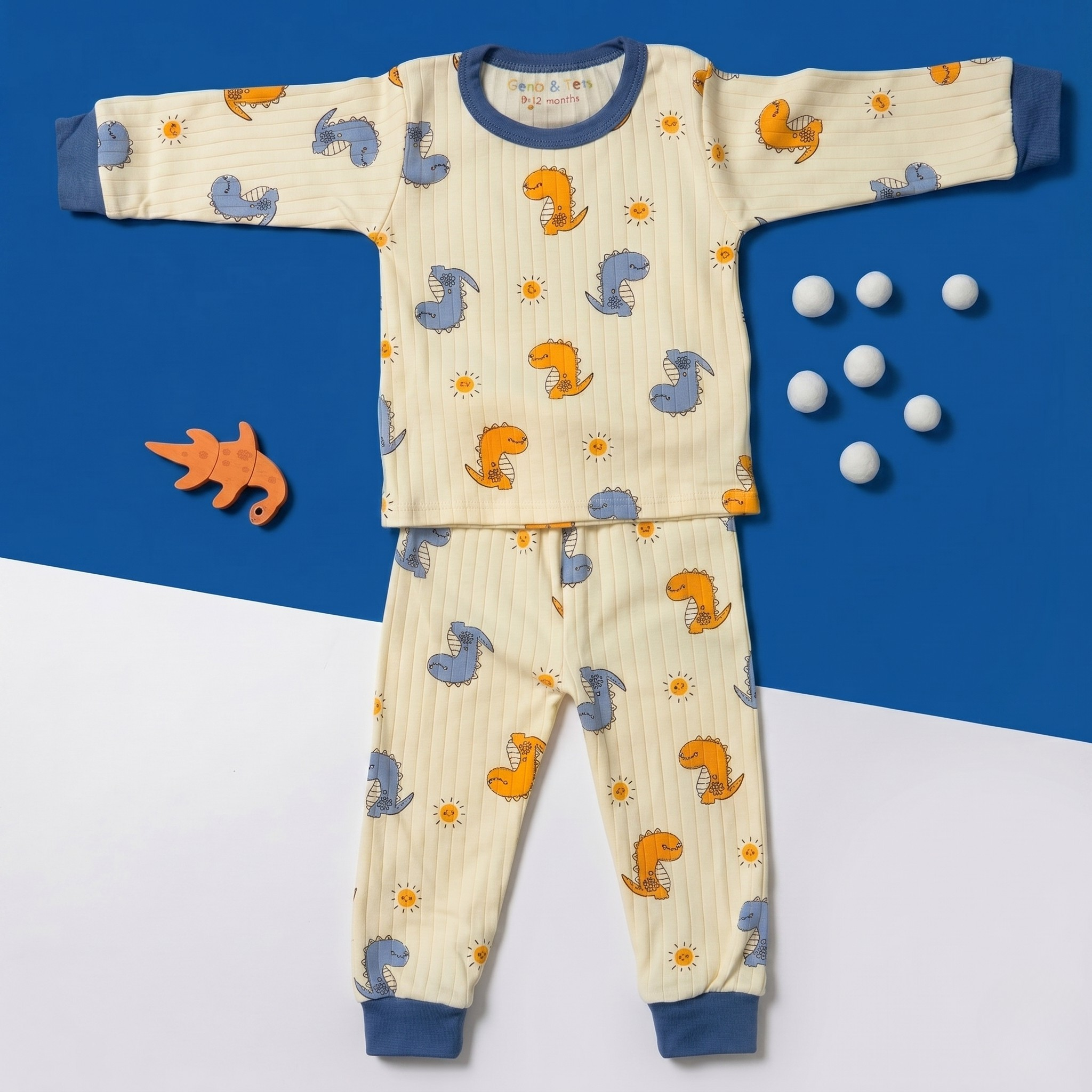 Dinosaur Print Baby Co-ord Set – Soft Cotton Full Sleeve T-shirt & Pajama Set (Cream & Blue)