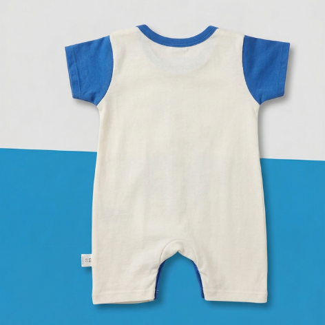 Bear Print Baby Romper – Soft Cotton Short Sleeve Jumpsuit (Hello Design, Blue & White)