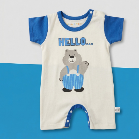 Bear Print Baby Romper – Soft Cotton Short Sleeve Jumpsuit (Hello Design, Blue & White)