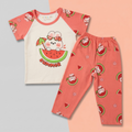 Children's pajama set with cartoon character on a pink and gray background