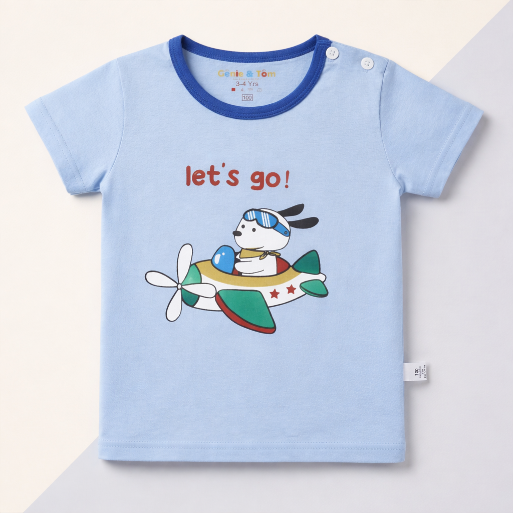 Let’s Go Airplane Baby Co-ord Set – Soft Cotton Half Sleeve T-shirt & Pajama Set (Blue)