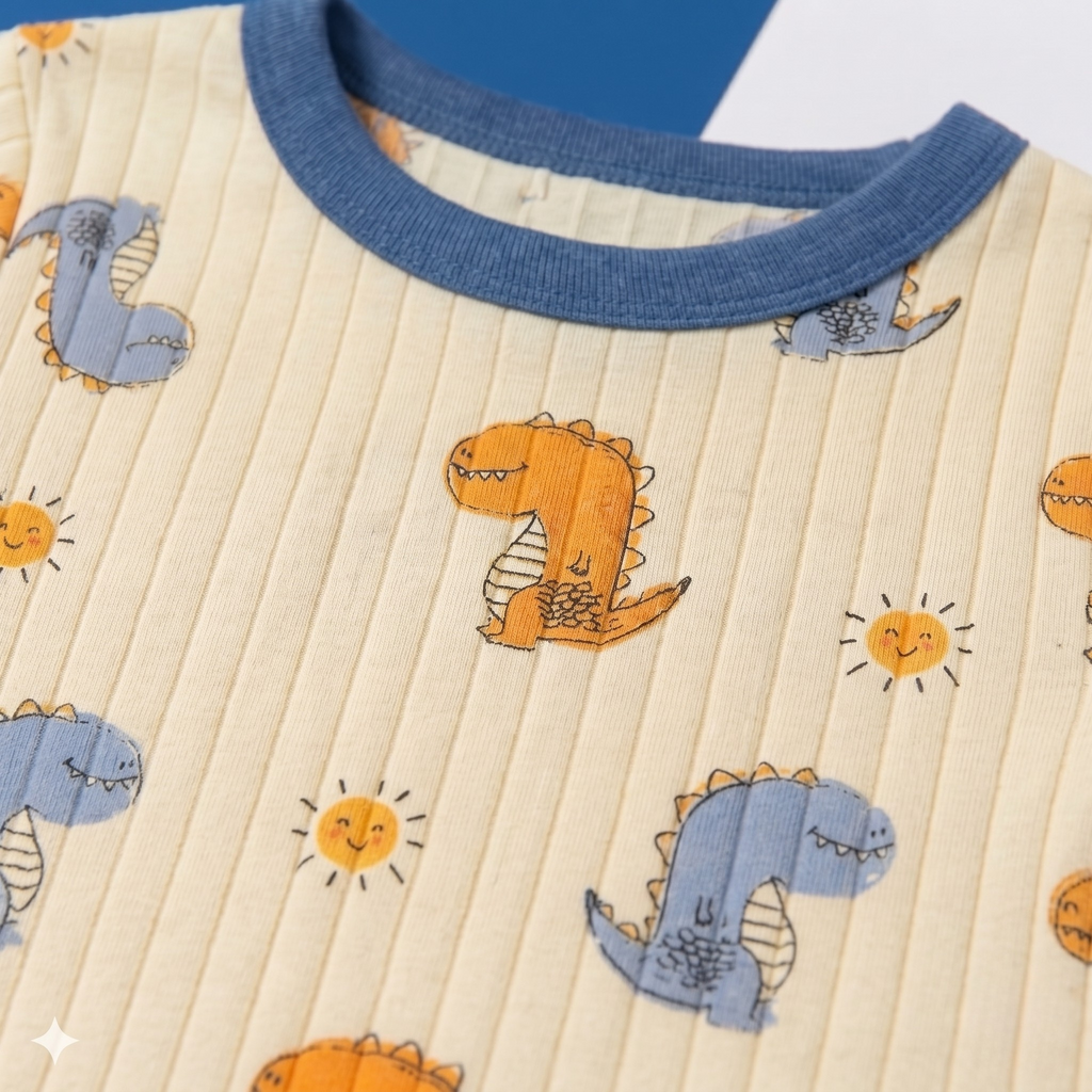 Dinosaur Print Baby Co-ord Set – Soft Cotton Full Sleeve T-shirt & Pajama Set (Cream & Blue)