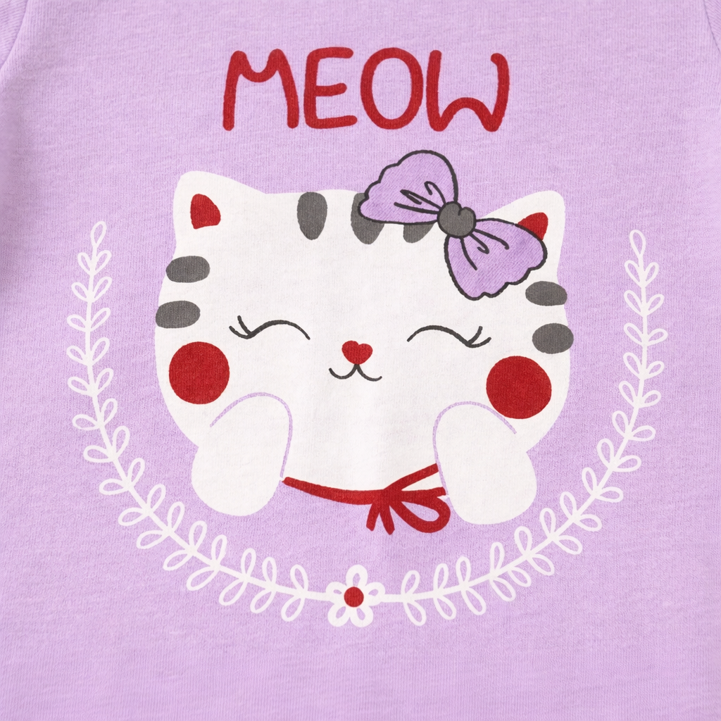Cat Print Baby Romper – Soft Cotton Short Sleeve Jumpsuit (Meow Design, Purple)