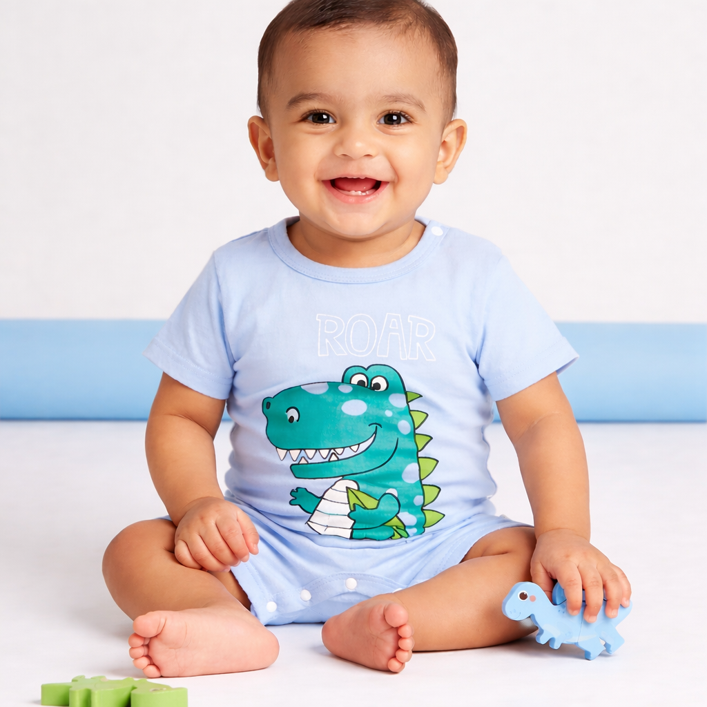 Dino Print Baby Romper – Soft Cotton Short Sleeve Jumpsuit (Roar Design)