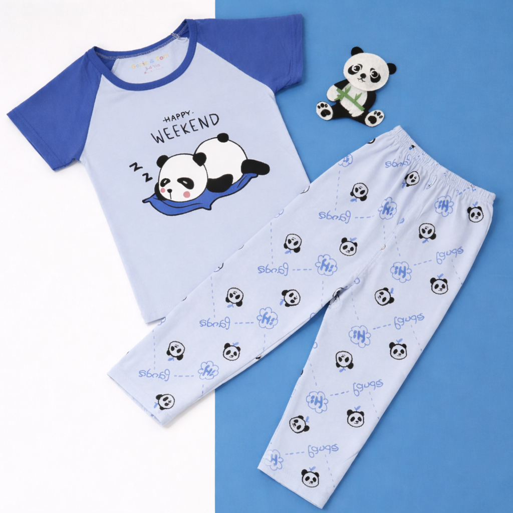 Happy Weekend Panda Baby Co-ord Set – Soft Cotton Half Sleeve T-shirt & Pajama Set