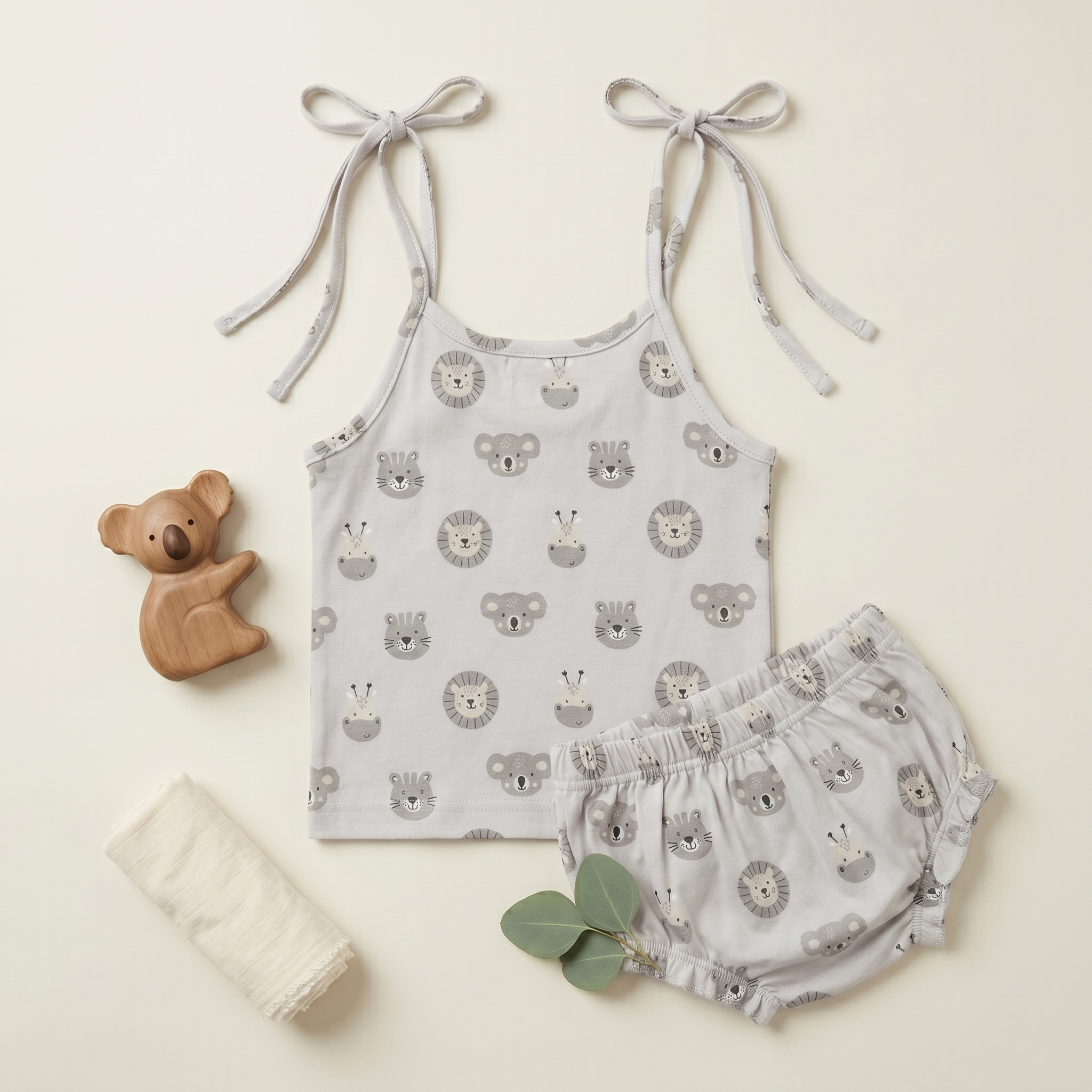 Genie & Tom Baby Girls Printed Tie-Up Shoulder Top & Bloomer Shorts Set | Soft Cotton Summer Co-ord Outfit | Animal Face Print