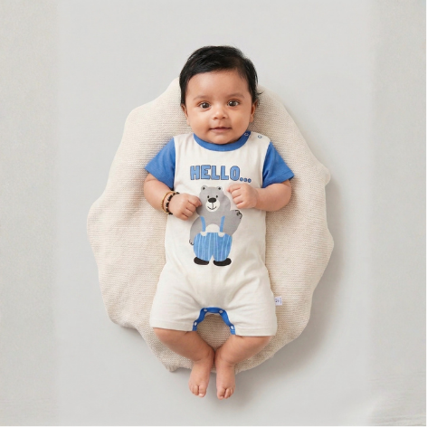 Bear Print Baby Romper – Soft Cotton Short Sleeve Jumpsuit (Hello Design, Blue & White)