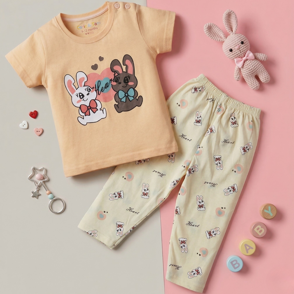 Heart Bunny Baby Co-ord Set – Soft Cotton Half Sleeve T-shirt & Pajama Set