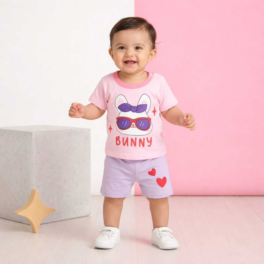 Bunny Print Baby Co-ord Set – Soft Cotton Half Sleeve T-shirt & Shorts Set