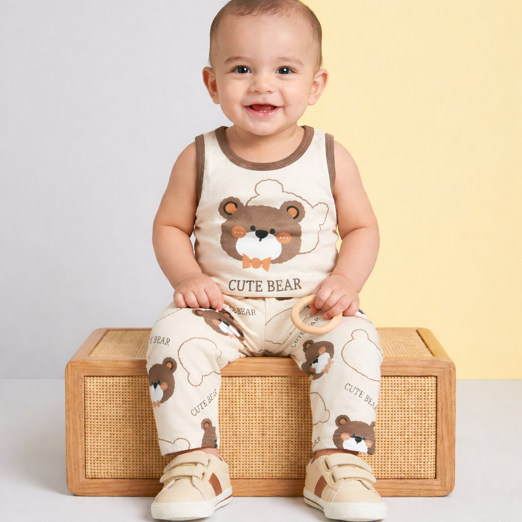 Cute Bear Baby Co-ord Set – Soft Cotton Sleeveless Top & Pajama Set