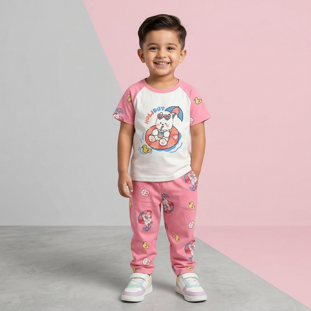 Holiday Bunny Baby Co-ord Set – Soft Cotton Half Sleeve T-shirt & Pajama Set