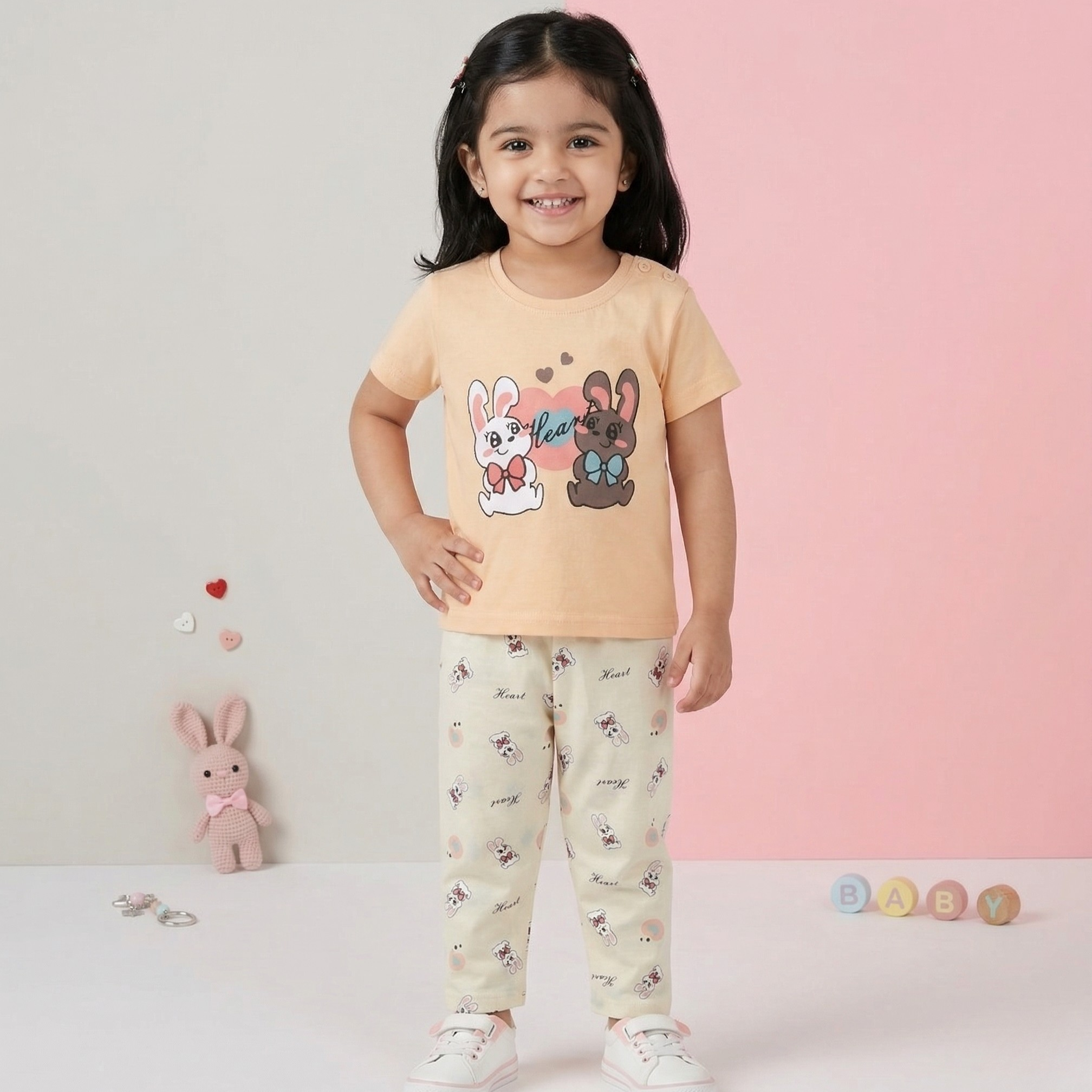 Heart Bunny Baby Co-ord Set – Soft Cotton Half Sleeve T-shirt & Pajama Set