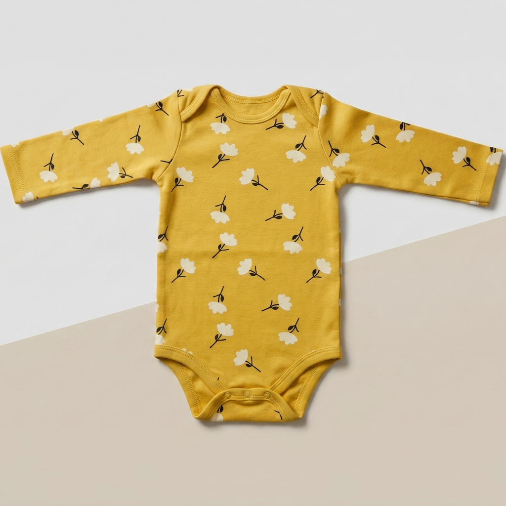 Floral Print Baby Onesie – Soft Cotton Full Sleeve Bodysuit (Yellow)