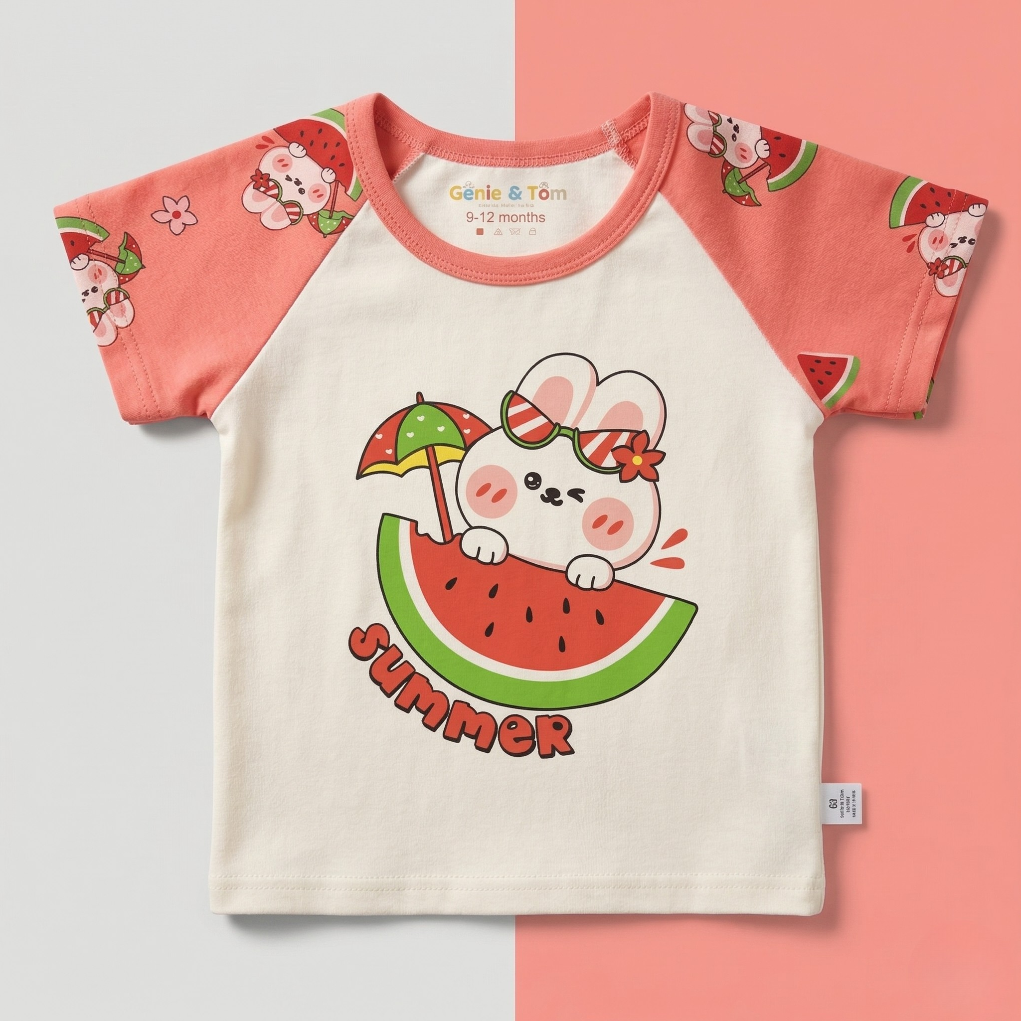 Children's t-shirt with a cartoon design of a rabbit on a watermelon slice, with 'Summer' text, on a two-tone background.