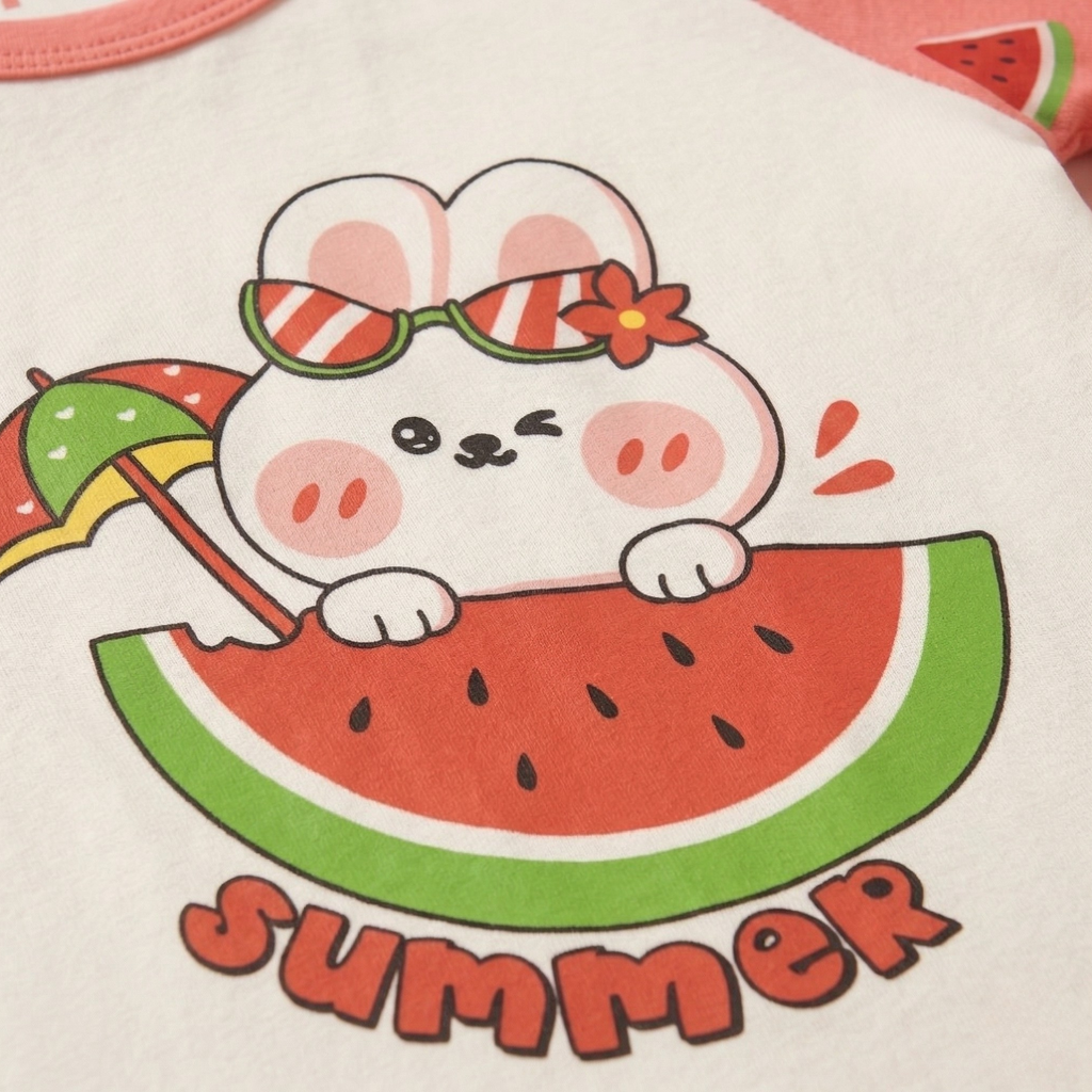 Cute cartoon pig with sunglasses on a watermelon slice, with 'summer' text.