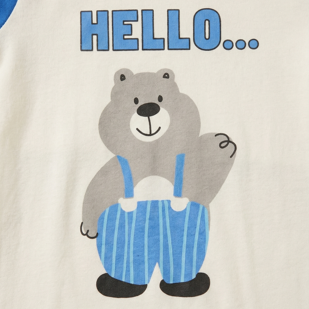 Bear Print Baby Romper – Soft Cotton Short Sleeve Jumpsuit (Hello Design, Blue & White)