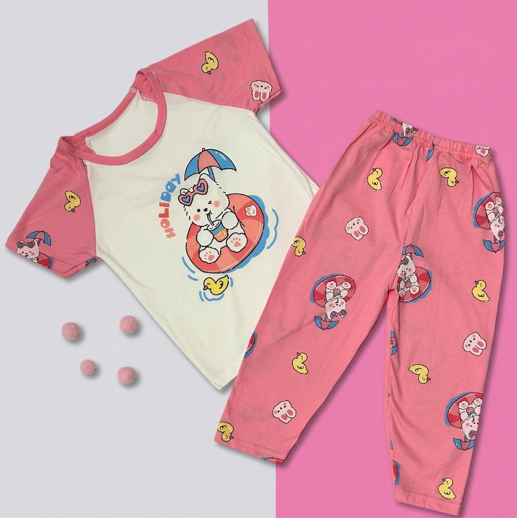 Holiday Bunny Baby Co-ord Set – Soft Cotton Half Sleeve T-shirt & Pajama Set
