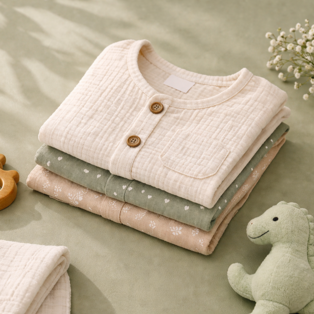 Stack of baby clothes with a wooden toy and plush dinosaur on a light green background