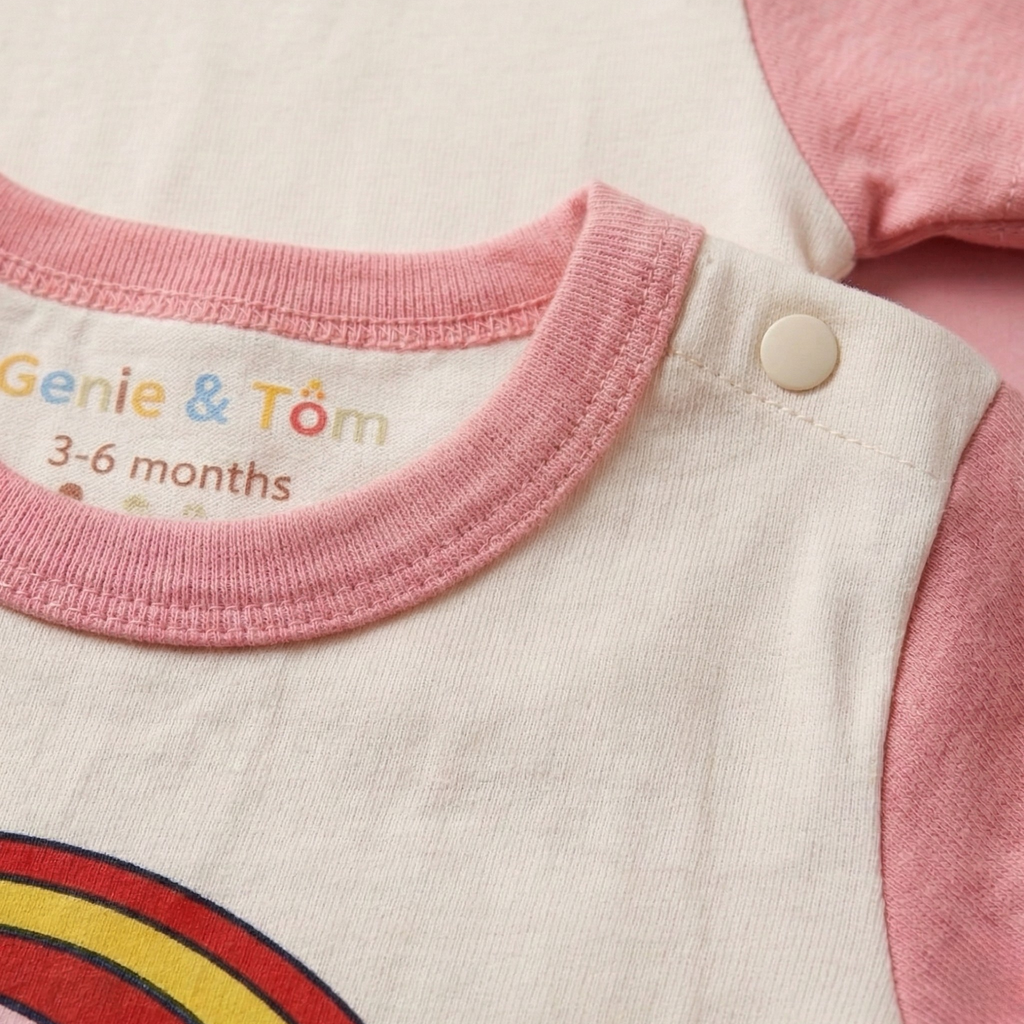 Close-up of a baby outfit with pink collar and rainbow design, featuring 'Genie & Tom' branding.
