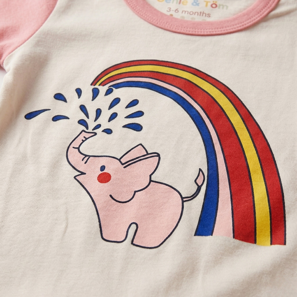 Children's clothing with a pink elephant and rainbow design on a light background