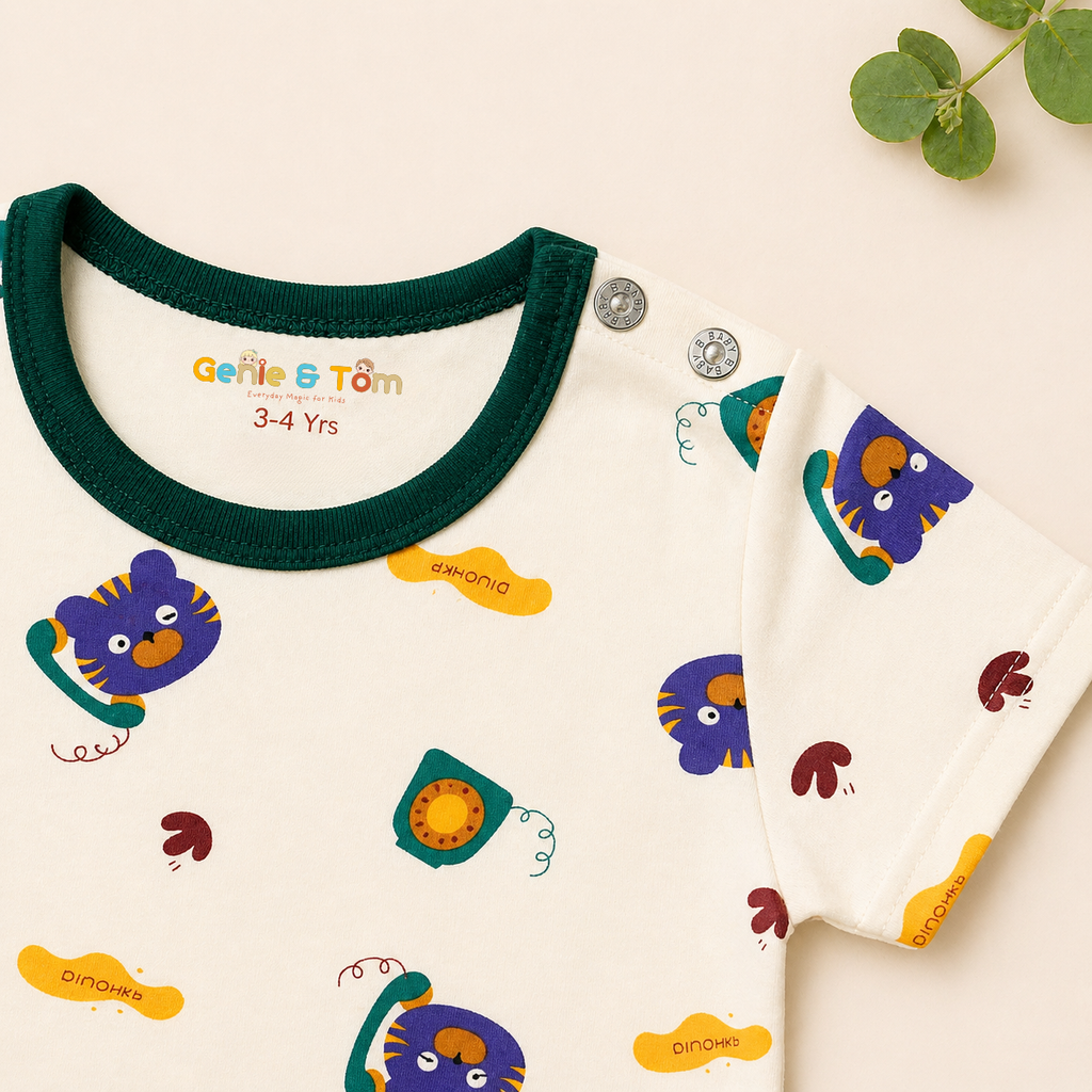 Kids Printed Cotton T-Shirt – Cute Bear & Toy Telephone Print Half Sleeve Tee