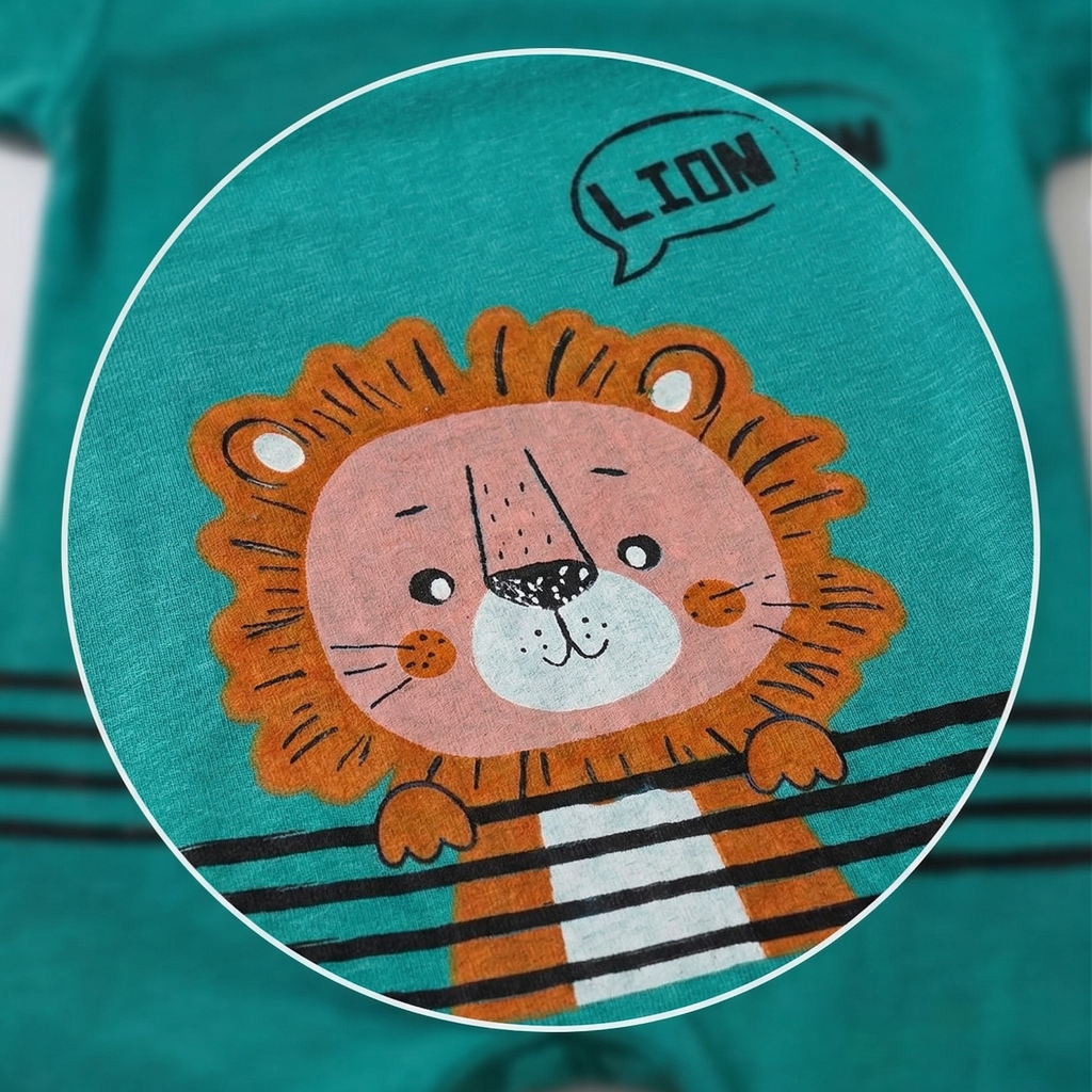 Teal t-shirt with a lion graphic and 'LION' text on a white background
